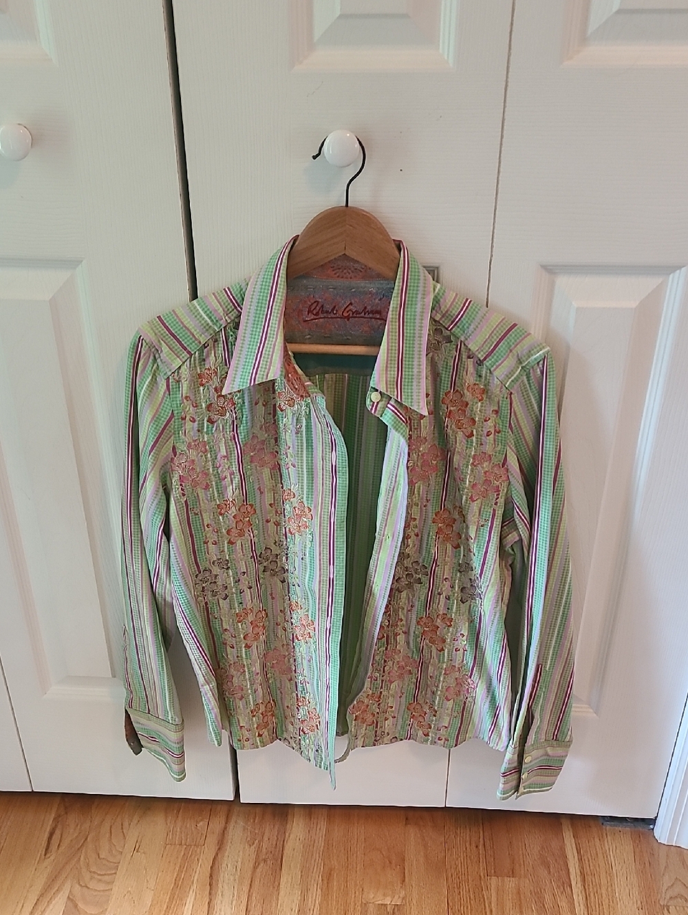Robert Graham Green and Pink Striped Floral Button-Up Top
